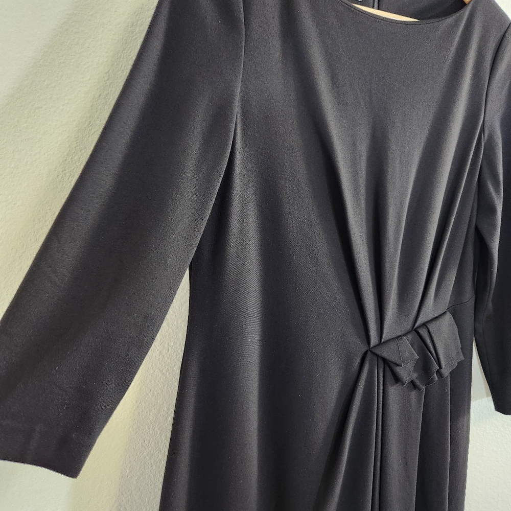 Lafayette 148 Dress Womens Medium Black Knee Length Rouched Classic Peplum Bow